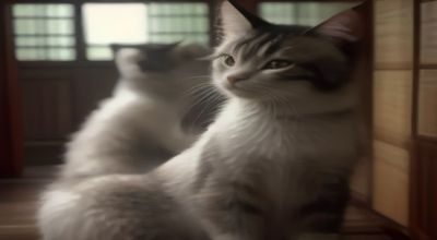复杂背景抠图测试：一只猫站在杂乱的室外草丛中，抠抠图处理后猫咪轮廓基本准确但部分毛发边缘有瑕疵